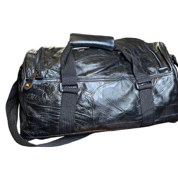 Patched Leather Weekender / Tote Bag in Black Padded Shoulder strap and handle - Picture 6 of 14
